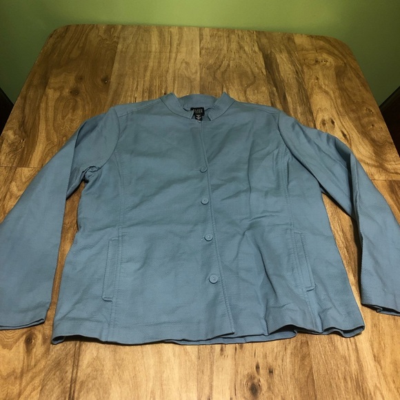 Eileen Fisher Light Blue Stretch Textured Button Jacket Pockets Large Petite - Picture 2 of 10